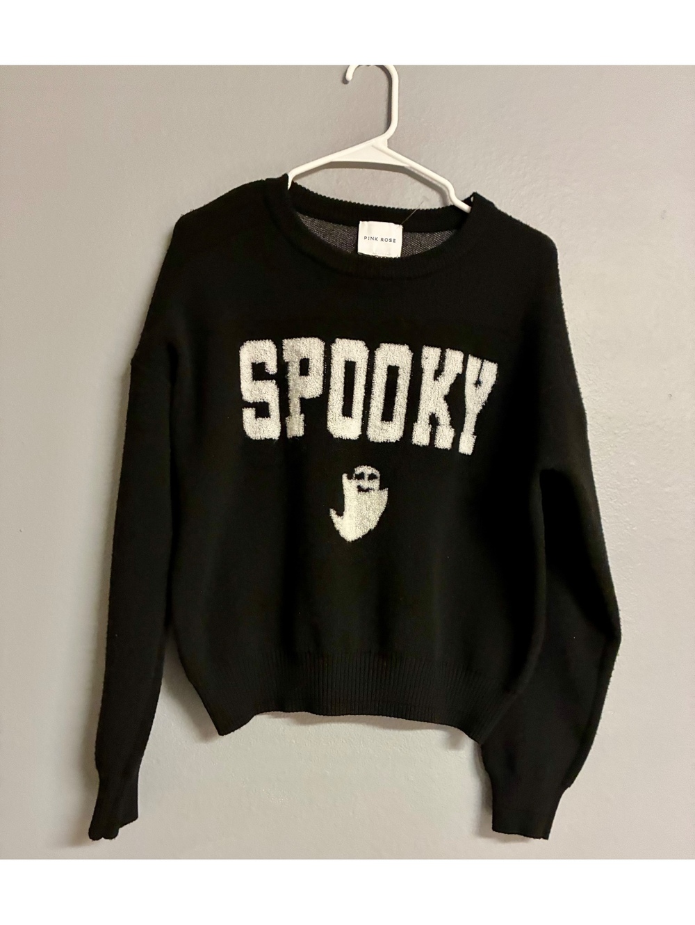Pink Rose Spooky Ghost Sweater Womens Medium Black White Halloween Pullover Knit